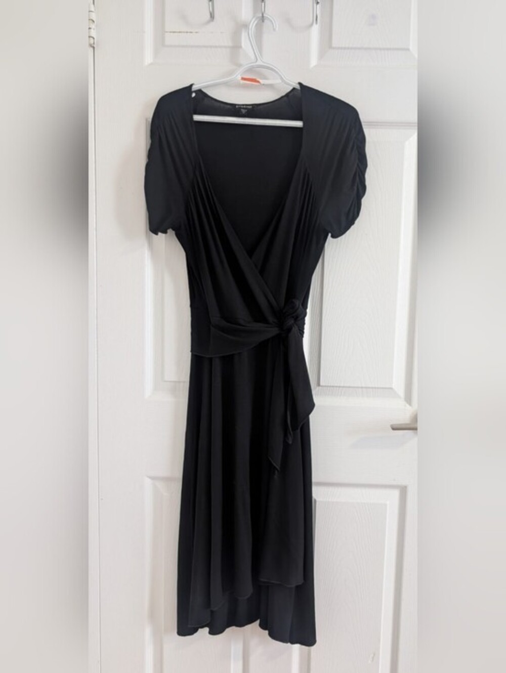 Vintage Bebe Black Wrap Dress Made in USA Rayon Spandex Midi Y2K whimsigoth  M